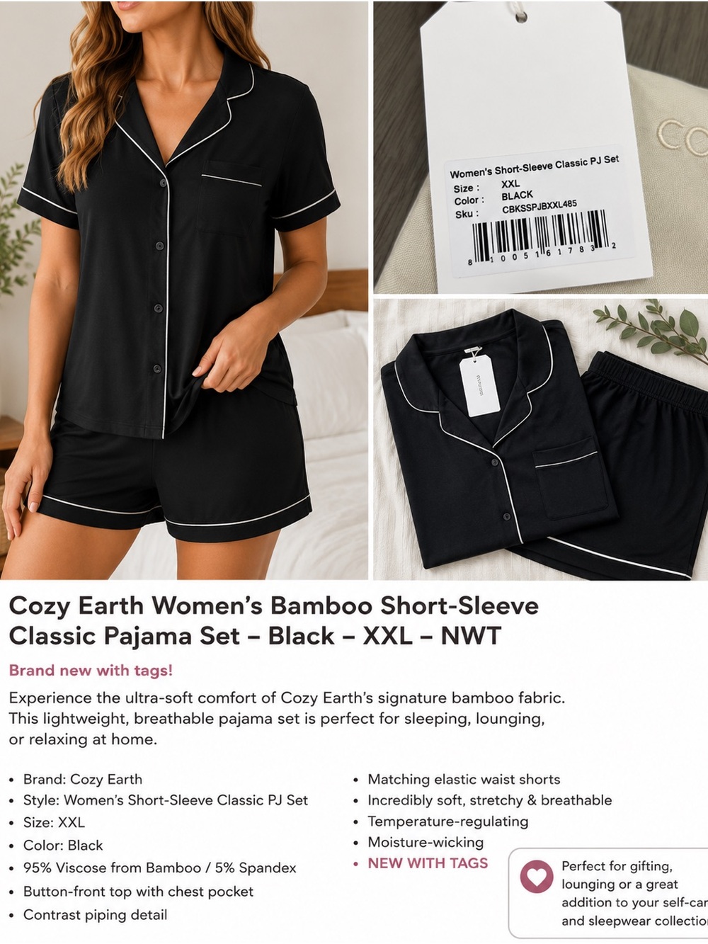 ✨ NWT Cozy Earth Bamboo Stretch-Knit Short Sleeve PJ Set – Black– XXL ✨